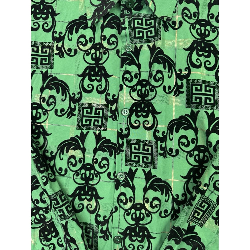 Pronti Collection by Phita Mens XL Green Black Flocked Button Up Shirt Nightlife - Picture 3 of 9
